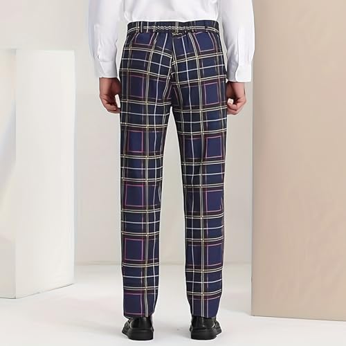 Men Plaid Dress Pants Slim Fit Flat Front Elastic Waistband Suit Trouser Wrinkle Free Chino Pants for Office Business3