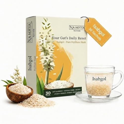 Image of Namhya Isabgol Powder for Gut Cleanse| Psyllium Husk Fiber for Constipation Relief, Digestion, Bowel Movement & Colon Cleanse | Natural Isabgol for Detox, Weight Management | 30 Sachets 4g each
