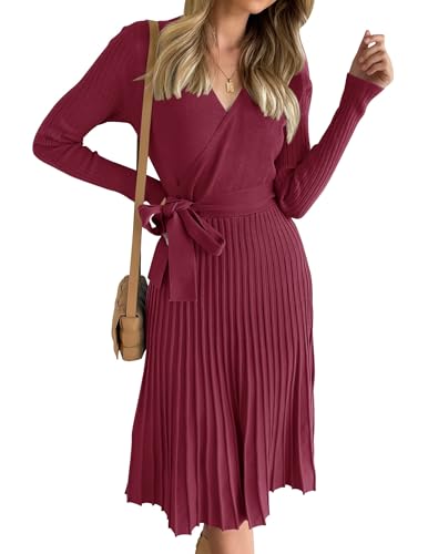 ZESICA Women's Fall Long Sleeve Wrap V Neck Ribbed Knit Pleated A Line Pullover Sweater Dress with Belt