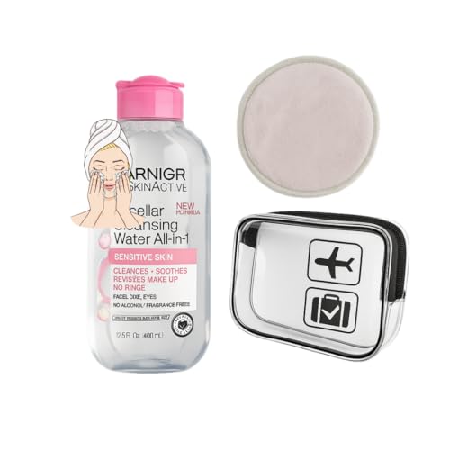 Micellar Cleansing Water Travel Set – Gentle Face Cleanser (100ml) with Travel bag & Reusable Makeup Remover Puff-Perfect for Sensitive Skin, Travel-Friendly Skincare