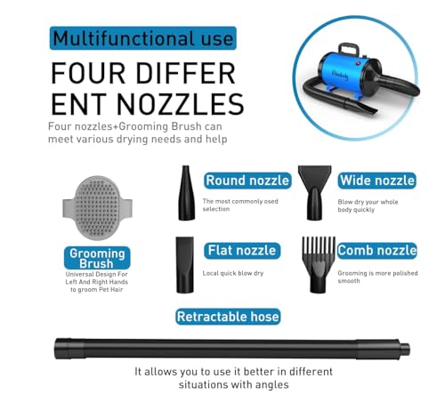 Hundefön Blower Sehr Leise 4.5 PS / 3200W Motor Einstellbare Geschwindigkeit, Hundepflege-Trockner-Gebläse mit 4 verschiedenen Düsen elastischem Schlauch und Pflegebürste… – Bild 6