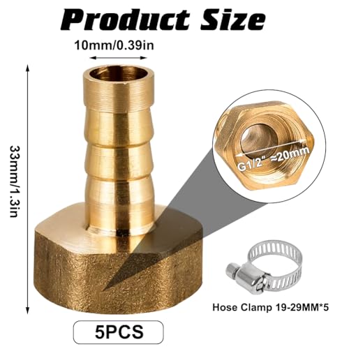 5 Stück IG 1/2 Messing Schlauchanschluss, 10 mm Widerhaken x G 1/2 Zoll Innengewinde Rohradapter, mit 5 Stück Schlauchschelle für Luftschlauch Gasschlauch Wasserschlauch, Kraftstoffleitung