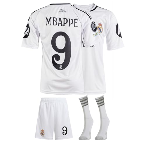 IHIMI R.Madrid Mbappe Nr.9 Kinder für Trikot Fußballtrikot, Weiß 2024 Neue Saison, Kinder Trikot, Shorts und Socken, Fußball-Trainingstrikots, Kinder Kommen Sie mit Shorts Fußball (140)