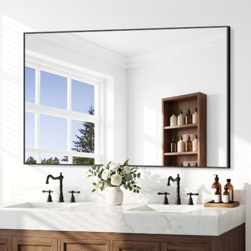 BONEWEI Bathroom Mirror,30x46 inch Wall Mirror for Bathroom Wall Mounted Black Rectangle Square Corner Mirrors,Black Bathroom Mirror for Living Room,Farmhouse,Bedroom Entryway,Horizontal/Vertical