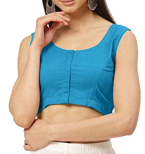 Cotton Sleeveless Blouse Saree Blouse Ready to Wear Indian Women Stitched Sari Blouse Ethnic Tunic Choli Readymade Bollywood Top (32") Blue