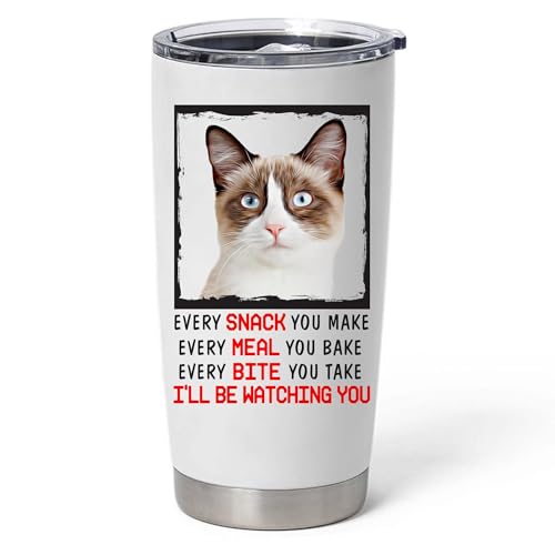 Every Snack You Make I'll Be Watching You Cream Snowshoe Cat Tumbler 20oz Curved Stainless Steel Vacuum Insulated Cup With Lid Funny Gifts for Cat Lovers