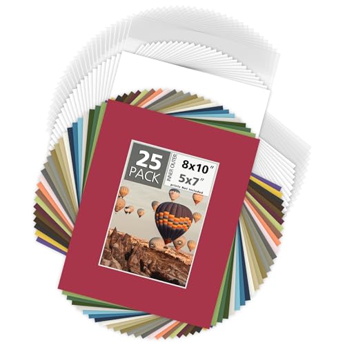 Mat Board Center, Pack of 25, 8x10 for 5x7 Mix Color Picture Mat Sets - Acid Free, 4-ply Thickness, Bevel Pre-Cut White Core - Includes Backing Boards and Clear Bags - for Pictures, Photos, Framing