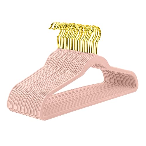 MIZGI Blush Pink Velvet Hangers 60 Pack,Premium Gold Clothes Hangers Non-Slip Felt Hangers,Sturdy Pink Hangers Heavy Duty Coat Hangers,Durable Suit Hangers for Space Saving, No Hanger Marks by MIZGI - Used condition - US$32.19