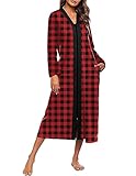 Ekouaer Women Zipper Robe Long Sleeve Loungewear Lightweight Housecoat Full Length Nightgown with Pockets (Black and Red Plaid, Medium)