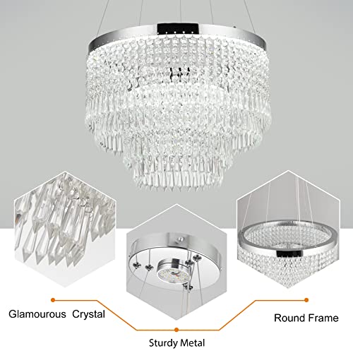 Hongnuofc 16" Crystal Chandelier Round Chrome Hanging Pendant Light Modern Flush Mount Ceiling Light Fixture Led Chandeliers For Dining Room Living Room Entryway Bedroom (3 Color Change) #TOP5