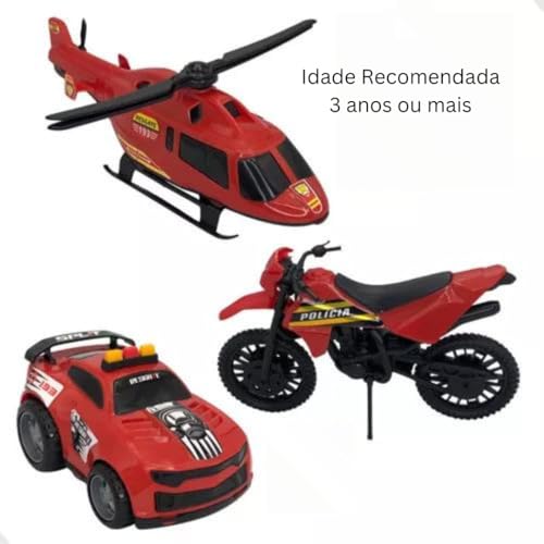 Triplo BS Kit de Brinquedos de Polícia com Carro, Moto e Helicóptero - Vermelho
