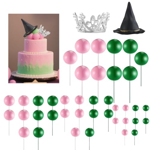 42 Pcs Wicked Cake Topper Kit Wicked Party Decorations Halloween Cake Toppers with Pink Green Balloons Silver Crown Witch Hat Birthday Decorations Fantasy Party Supplies‌