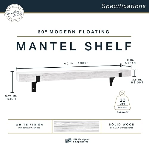 Image of Master & Co. Modern Floating Fireplace Mantel with Black Metal Brackets, Long Floating Shelves for Wall Decor, 60 inches, White Woodgrain