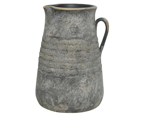 Krug mit Griff Handarbeit Keramik 20x27cm Grau - Mediterrane Deko Ton Vase Betonoptik- Handgemachte Amphore für Garten und Zuhause - Tonkrug in Anthrazit - Graue Tonvase unglasiert