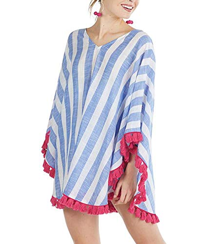 KUFV Women's V Neck Boho Striped Print Tassel Blouse Top Pullover Summer Swimwear Coverups (Blue, Free Size)