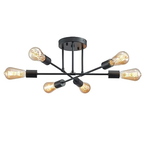 Sputnik Chandelier ,Mid Century Modern Light Fixture,Semi-Flush Mount Ceiling Light Fixture,6-Light Pendant Hanging Light for Dining Room, Bedroom, Kitchen, Restaurant, Farmhouse, Office (black)