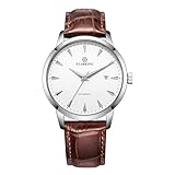 STARKING AM0184 Automatic Watch of Dress Watches, Skeleton Case Back, Fashion Business Watches for Mens, 5ATM Waterproof, Leather Watch, Auto Date, Brown
