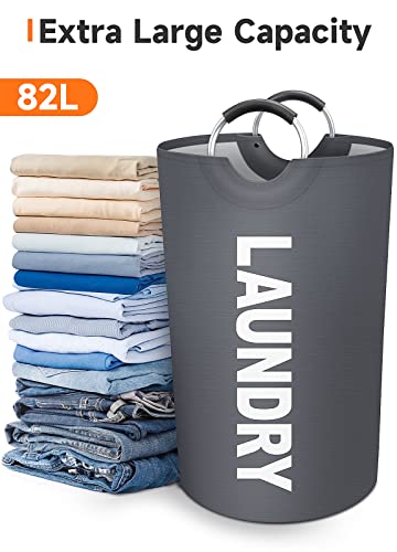 Fabspace Large Laundry Basket Laundry Hamper Bag Washing Bin Clothes Bag Collapsible Tall with Handles Waterproof Travel Bathroom College Essentials Storage for College Dorm, Family, 82L (Grey)
