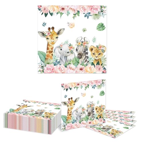Kotkiddy 20 Piezas Servilletas de Animales Salvajes - Decoraciones para Baby Shower Safari - Servilletas Desechables para Fiestas Temáticas de Jungla de Cumpleaños de Niñas