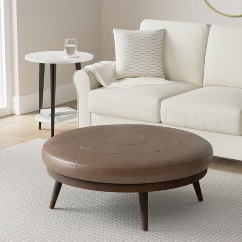 Image of Poly & BARK Gio Ottoman - 30 inch Round with Feather-Down Topper - Full-Grain Leather Upholstery - Couch Ottoman for Living Room - Vintage Italian Leather in Cocoa Brown