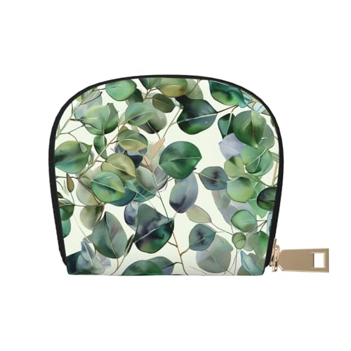 Green Eucalyptus Leaves Printed Card Wallet for Women Men Cute Zipper Card Cases Holder Mini Coin Purse with 12 Card Slots