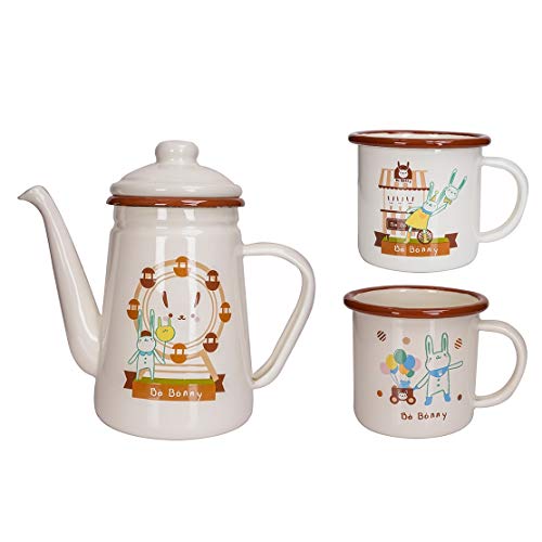 Tetera Hervidor de esmalte blanco 1.1L hervidor de agua con filtro, taza linda del conejito regalo Conjunto Agua café del pote del té anti-quemaduras mango de la tapa Aplicar for cocina de inducción Cover