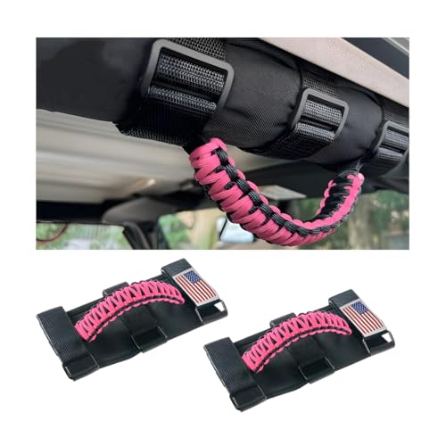 HZEL 2PCS Roll Bar Grab Handles Oxford Cloth Upgrade Metal Buckle Paracord Grip Handles Durable and Strong Car Accessories Compatible with Wrangler JL JLU JT JK JKU TJ LJ and YJ (Pink)