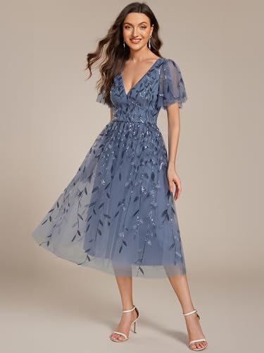Ever-Pretty Women's Elegant A Line Embroidery Short Sleeves Midi Sequin Formal Cocktail Wedding Guest Dress 022303