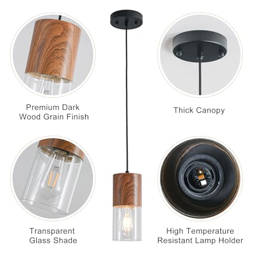 Image of Modern Pendant Lights for Kitchen Island, Adjustable Pendant Light Fixtures with Brown Wood Grain, Industrial Clear Glass Pendant Lights for Dining Table Hallway Bedroom Living Room,1 Pack