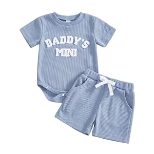 Loalirando Baby Jungen Kleidung Set Sommer Outfit Waffelstrick Daddy's Mini Kurzarm Oberteil + Shorts Bekleidungssets für Baby-Jungen (Blau, 12-18 Monate)
