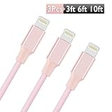 iPhone Charger, Rywell Denim Braided Lightning to USB Cable 3Pack 3ft/6ft/10ft Charging Cable Cord for iPhone 7 7 Plus SE 6 6s 6 Plus 5 5s iPad 4 Mini Air iPod Nano 7 iPod Touch 5 (Pink)