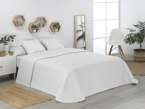 Donegal Collections - Colcha Bouti Lisa Acolchada y Reversible + 1 Cojin Cama 80/90 cm, Color Blanco. Colcha Cubrecama de Microfibra Extrasuave, Primavera Verano, Fresca, Acolchado Fino