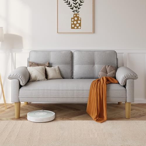Xbro Sofa 2 Sitzer, 144 x 77 x 77 cm Kleine Couch 2 Sitzer mit Armlehne und Seitentasche, Modernes Stoffsofa für Wohnzimmer, Wohnung, Büro, Einfache Montage, Hellgrau