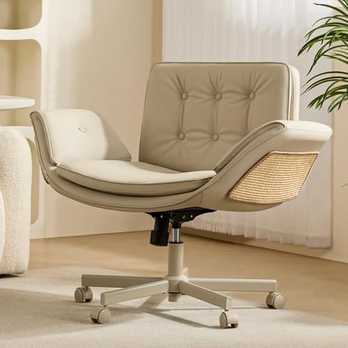 amseatec Criss Cross Chair with Natural Sisal Cat Scratch Pad, 5-Gear Adjustable Armrests, 360° Silent Casters,pet-Friendly Office, Gaming, Leisure, and Make up Vantiy Desk Chair(Cream)