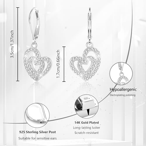 ALEXCRAFT 925 Sterling Silver Heart Leverback Earrings for Women Trendy, Cubic Zirconia Drop Dangle Earrings Jewelry 14K Gold Plated Hypoallergenic Doulbe Love Heart Leverback Dangle Earring 5