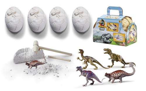Simba Dinos zum Ausgraben, 4 Dino Eier ca. 10cm, mit je einem Dinosaurier zum Ausgraben, 8-9cm, mit Werkzeug, ab 3 Jahren