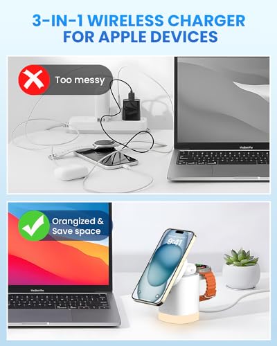JoyGeek 3-in-1 Charger Stand for Magsafe: Foldable Wireless Charging Station with Night Lights - Magnetic Charger Dock for iPhone 15/14/13/12 Pro/Max/Plus, AirPods, Apple Watch 2-9/Ultra (White)