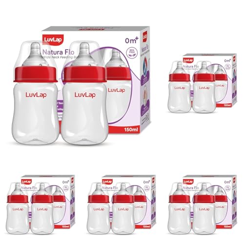 Image of LuvLap Anti-Colic Wide Neck Natura Flo Baby Plastic Feeding Bottle, 150Ml (Pack of 10), New Born /Infants /Toddler Upto 3 Years, BPA Free