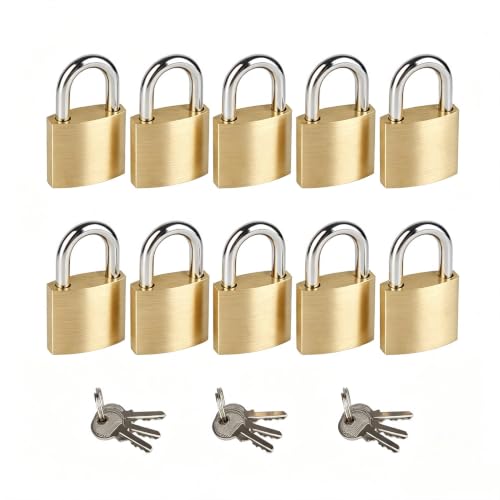 10Pack Small Locks Keyed Alike, 0.98Inch (25mm) Wide Lock Body Solid Brass Padlocks with Same Keys, Mini Padlocks for Suitcases/Luggage/Backpacks/Tool Box/Diary Books/School lockers
