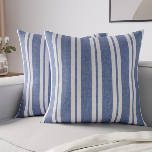Image of Encasa XO Farmhouse Throw Pillow Covers Set of 2 (24x24 in) Franca Blue Stripes | Decorative Cushion Covers No Inserts | Plaid and Stripes Pillow Covers for Living Room, Couch