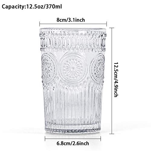 Image of MDLUU Embossed Water Glasses, Romantic Glassware, Vintage Drinking Glasses, Glass Tumblers for Juice, Beverages, Cocktail, Capacity 12.5oz /370ml, Set of 4