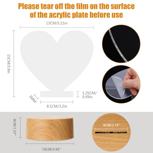 Image of Baquler 4 Set 3D LED Night Light Lamp Base Gift DIY 3D Clear Acrylic Blank Engrave Sheets with Remote Control USB Cable 16 Color 4 Mode for Room Cafe Bar Birthday Decoration(Heart)