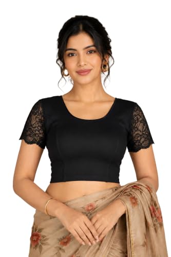 Image of Abhi Cotton Readymade Saree Blouse for Women- Half Net Sleeves, Round Neck, Regular-fit, Stretchable, Pull-on Style Blouse