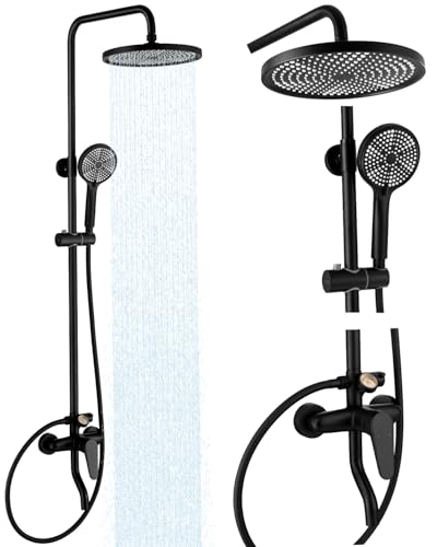 Kit de ducha exterior con sistema de ducha expuesto, válvula de latón con termómetro de dial, cabezal de ducha tipo lluvia de 10'' y combinación de ducha de mano - Negro para montaje en pared miniatura 1