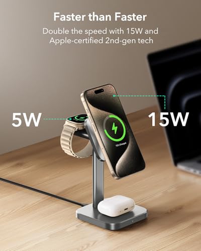Image of ESR 3 in 1 Wireless Charging Station, [Certified] Apple Watch Charger & 15W MagSafe Charger Stand for iPhone, Wireless Charger for Multiple Devices iPhone 17-12&Watch&AirPods, Grey