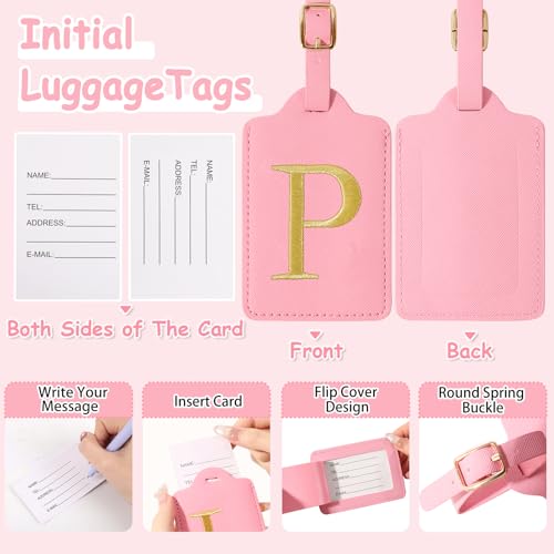 Image of Initial Letter Luggage Tags for Suitcases, Personalized Embroidered Letter Luggage Bag Suitcase Identifier Name Tag, Cute PU Leather Travel Luggage Tags, Bag Tags for Luggage Handbags(Pink P)