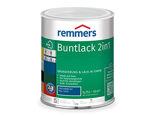 Remmers Buntlack 2in1 enzianblau (RAL 5010), 0,75 Liter, Buntlack für Holz, Eisen, Stahl, inkl. Grundierung und Rostschutz, innen und außen