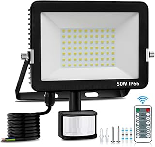 VIRKOMBI 50W Security Lights Outdoor Motion Sensor 5000 Lumen PIR Light with Remote Control IP66 Waterproof Motion Sensor Flood Light Garden Light Security Perfect for Garages Forecourt