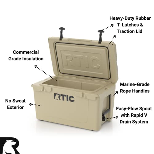 RTIC Hard Cooler, 45 qt, Tan, Ice Chest with Heavy Duty Rubber Latches, 3...