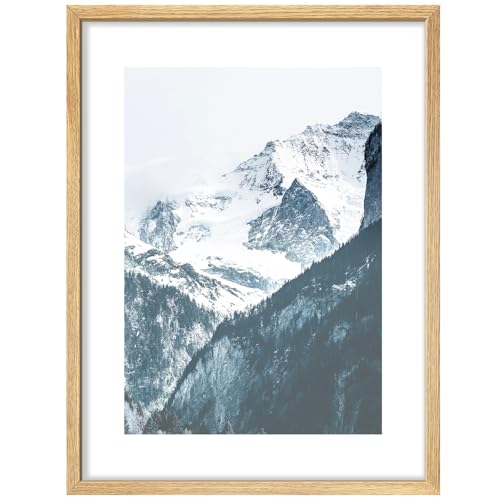 SIGNWIN Framed Poster Snowy Mountain Landscape Majestic Winter Scene with Snow-Capped Illustrations Nature Wilderness Minimalist Decorative for Living Room, Bedroom, Office - 8"x10" Natural